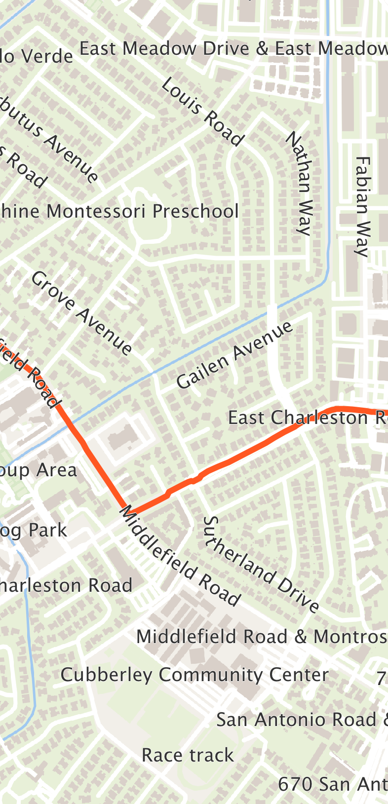 A route drawn over the vector basemap with the street names laid along the roads and above the route